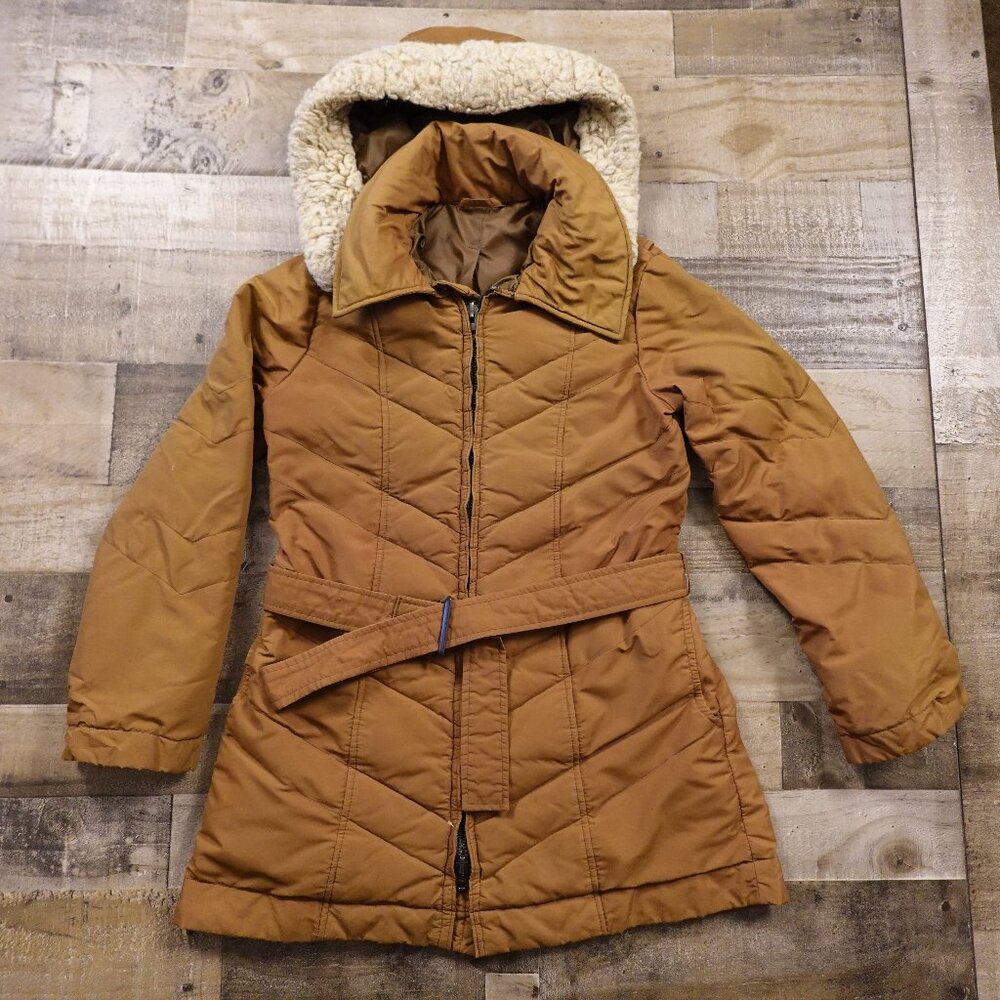 Altra Chevron Puffer Coat Women’s 10–12 Brown Hooded Belted Winter Parka Vintage